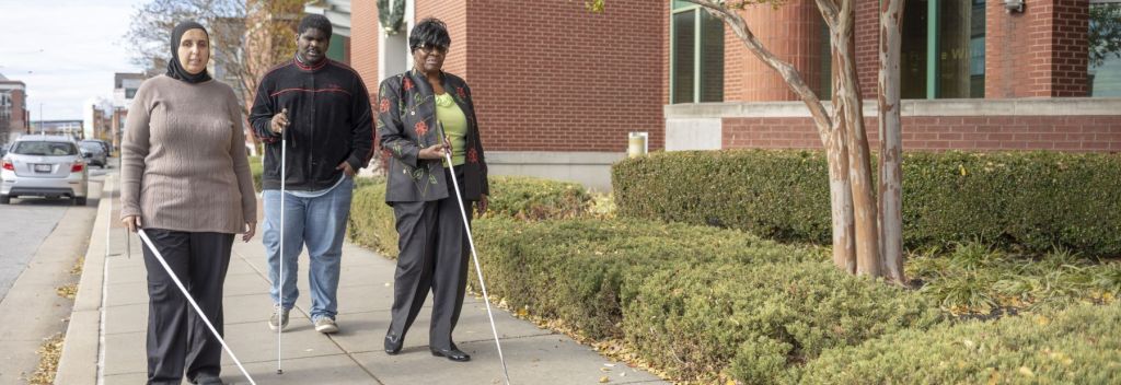 Three blind people walk down the street with their canes